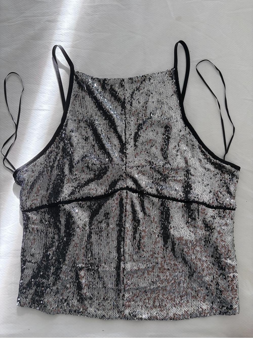 Free People Silver Sequin Halter Camisole Top with Black Trim- Open Back